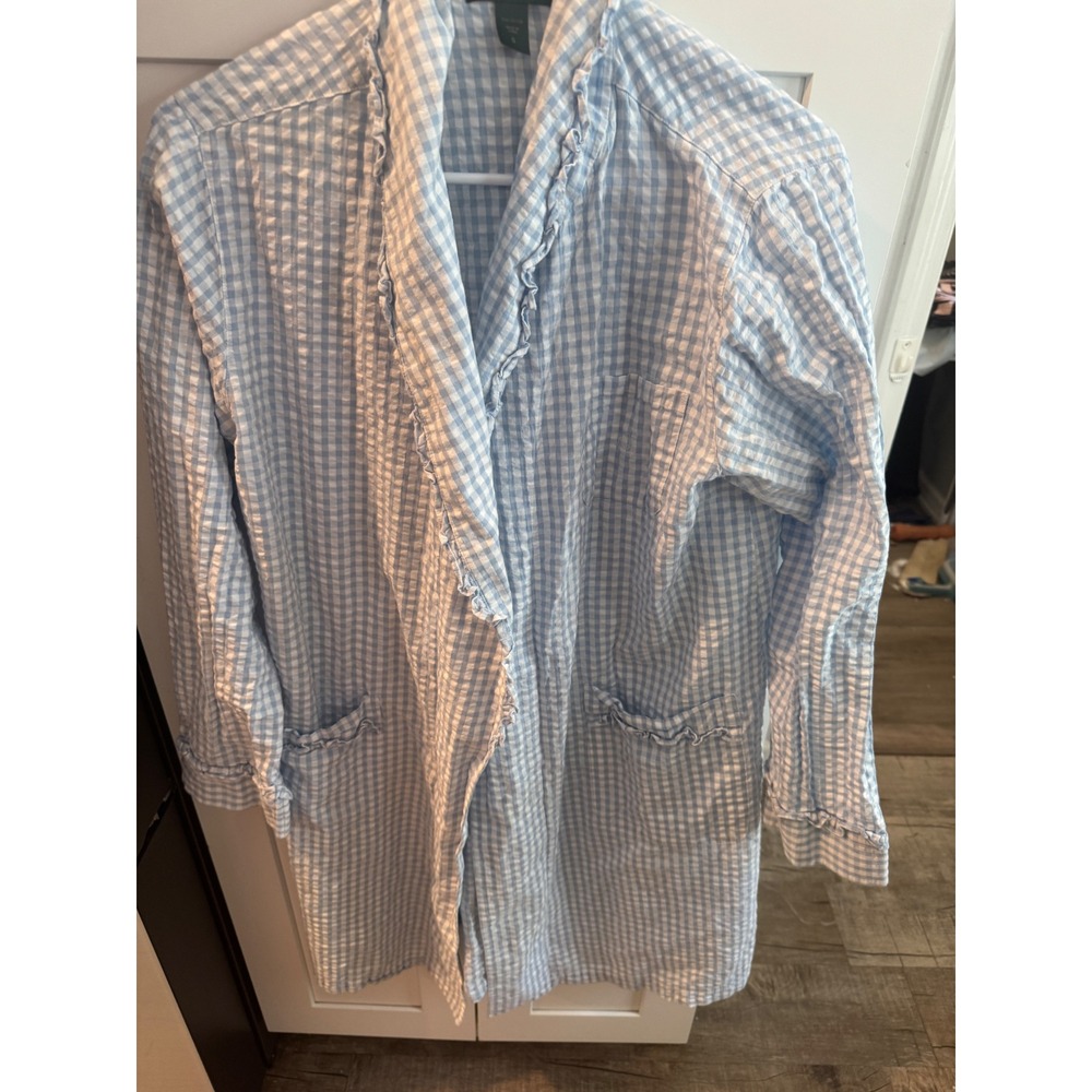 Lauren Ralph Lauren Blue Gingham Seersucker Ruffle Robe Womens Small Cotton